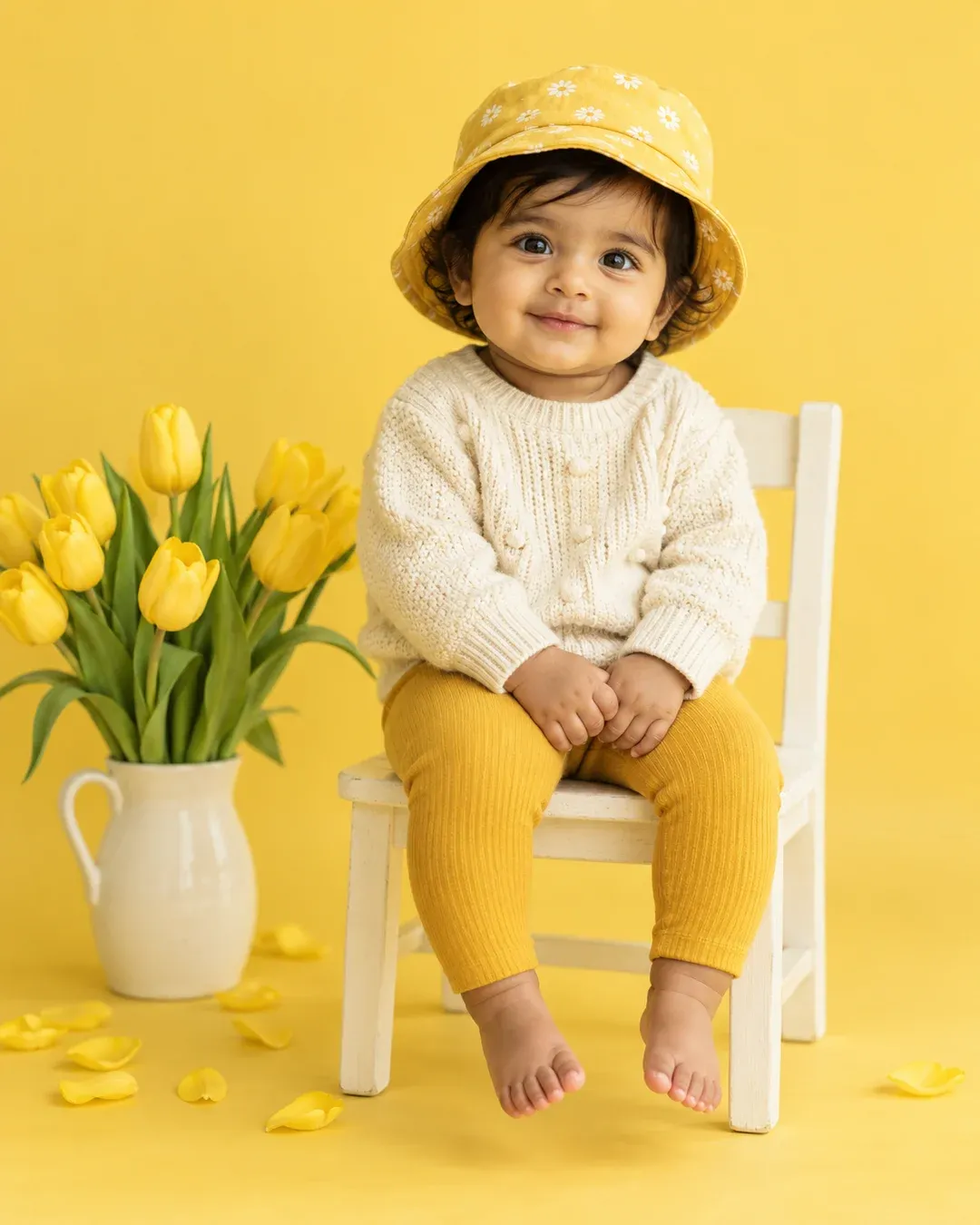 Example result: A baby in a cream knit sweater and daisy bucket hat sits on a white chair in a yellow studio with yellow tulips.