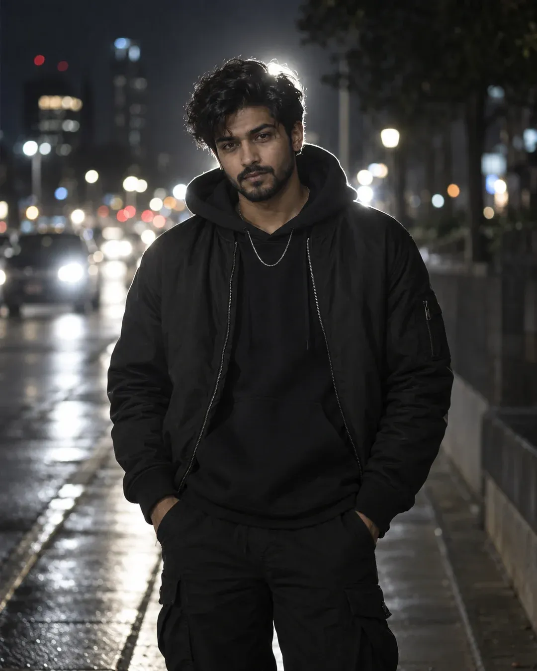 Example result: A young man in black streetwear stands on a city street at night, a bright backlight outlining his hair and shoulders.