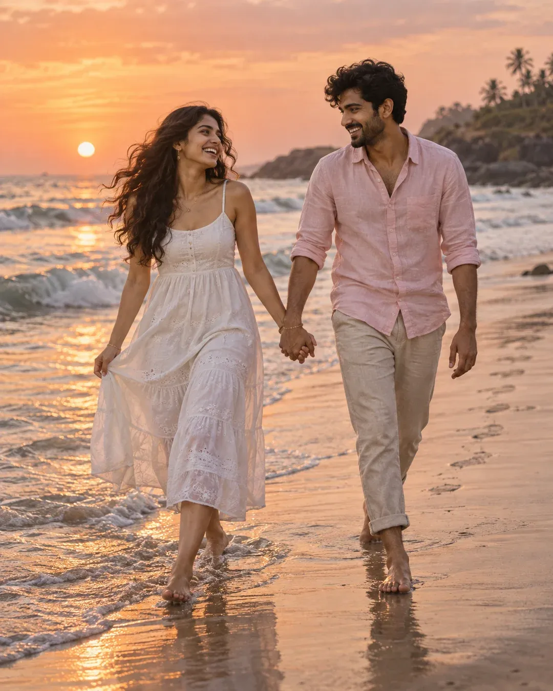 Example result: A couple walks barefoot along the shoreline at sunset, holding hands, waves washing over their feet.