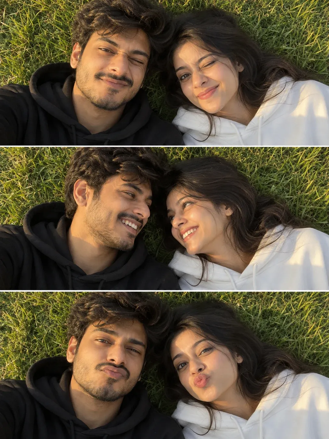 Example result: A three-frame selfie collage of a couple lying on the grass at golden hour: a wink, a look at each other and a playful pout.
