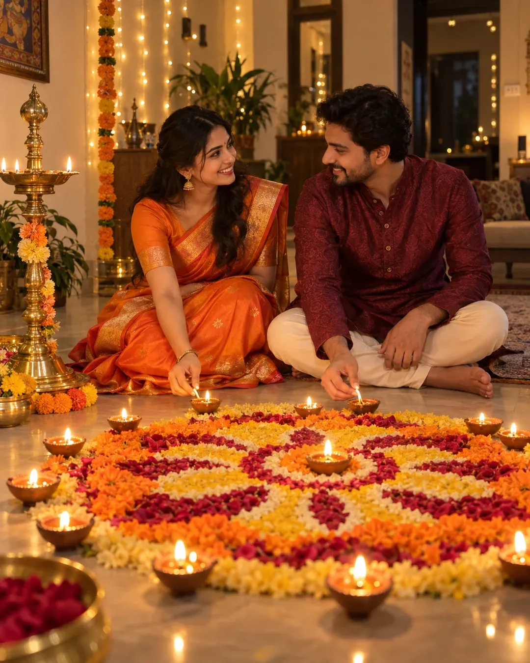 Example result: A couple in traditional outfits sits beside a flower rangoli at home, lighting diyas together on Diwali night.