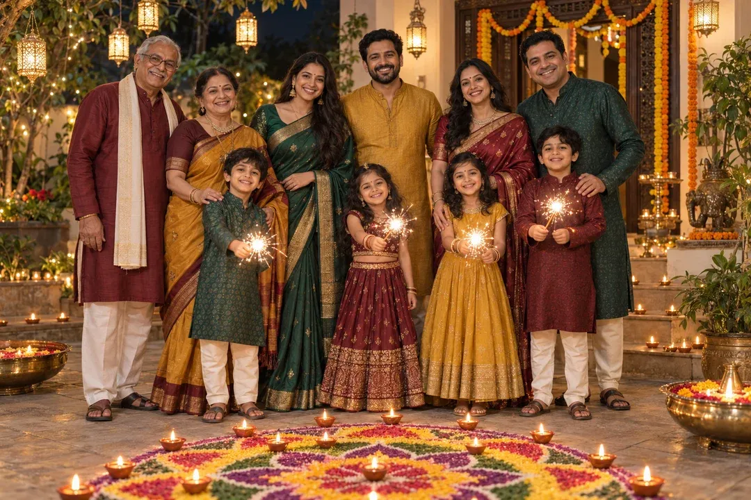 Example result: A family in festive outfits gathers in a courtyard around a rangoli lined with diyas, children holding sparklers.