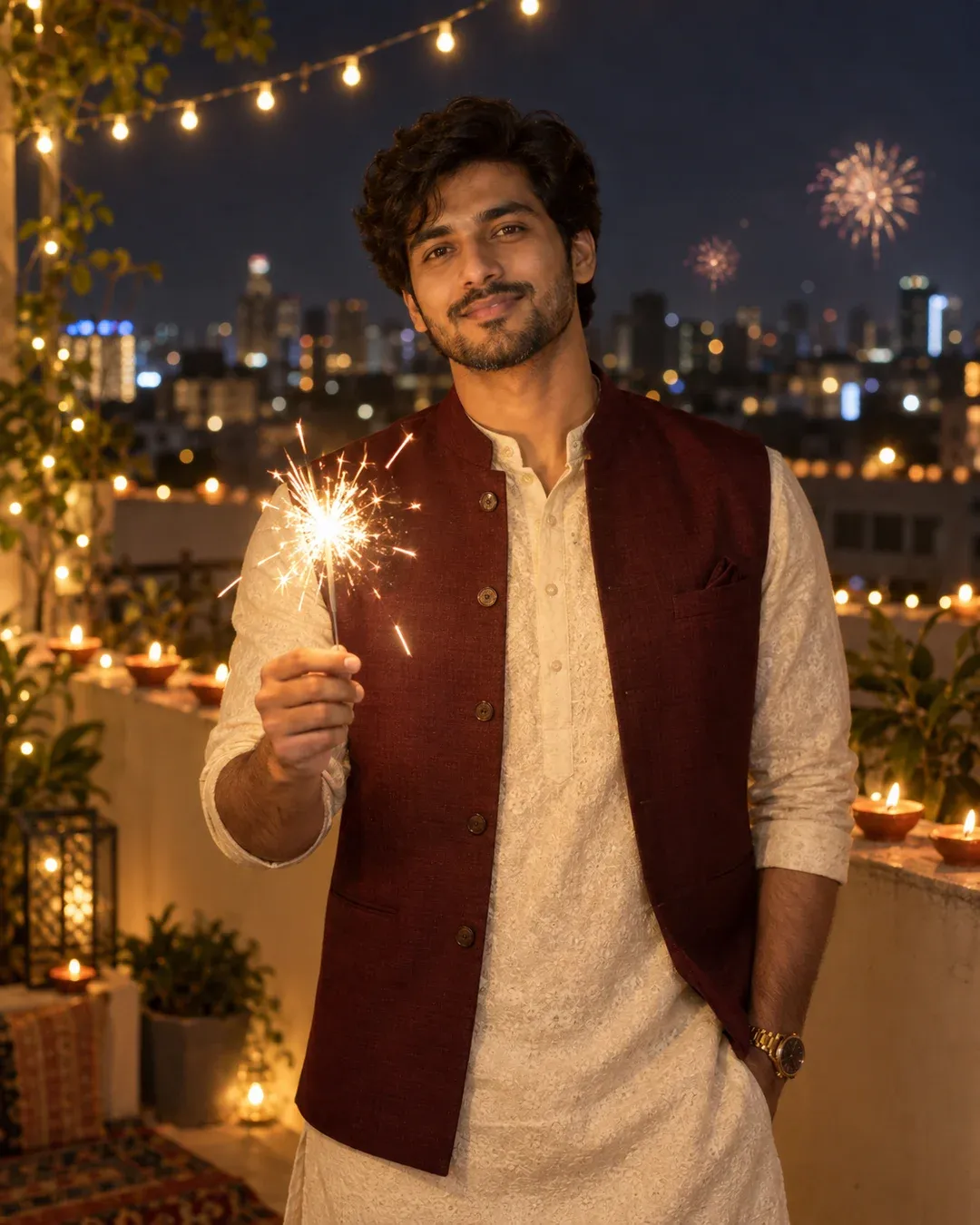 Example result: A man in an ivory kurta holds a lit sparkler on a terrace lined with glowing diyas on Diwali night.