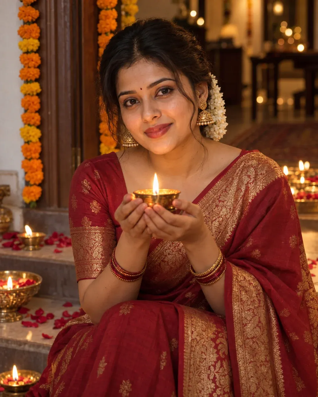 Example result: A woman in a deep red silk saree holds a glowing diya in front of marigold garlands and string lights.
