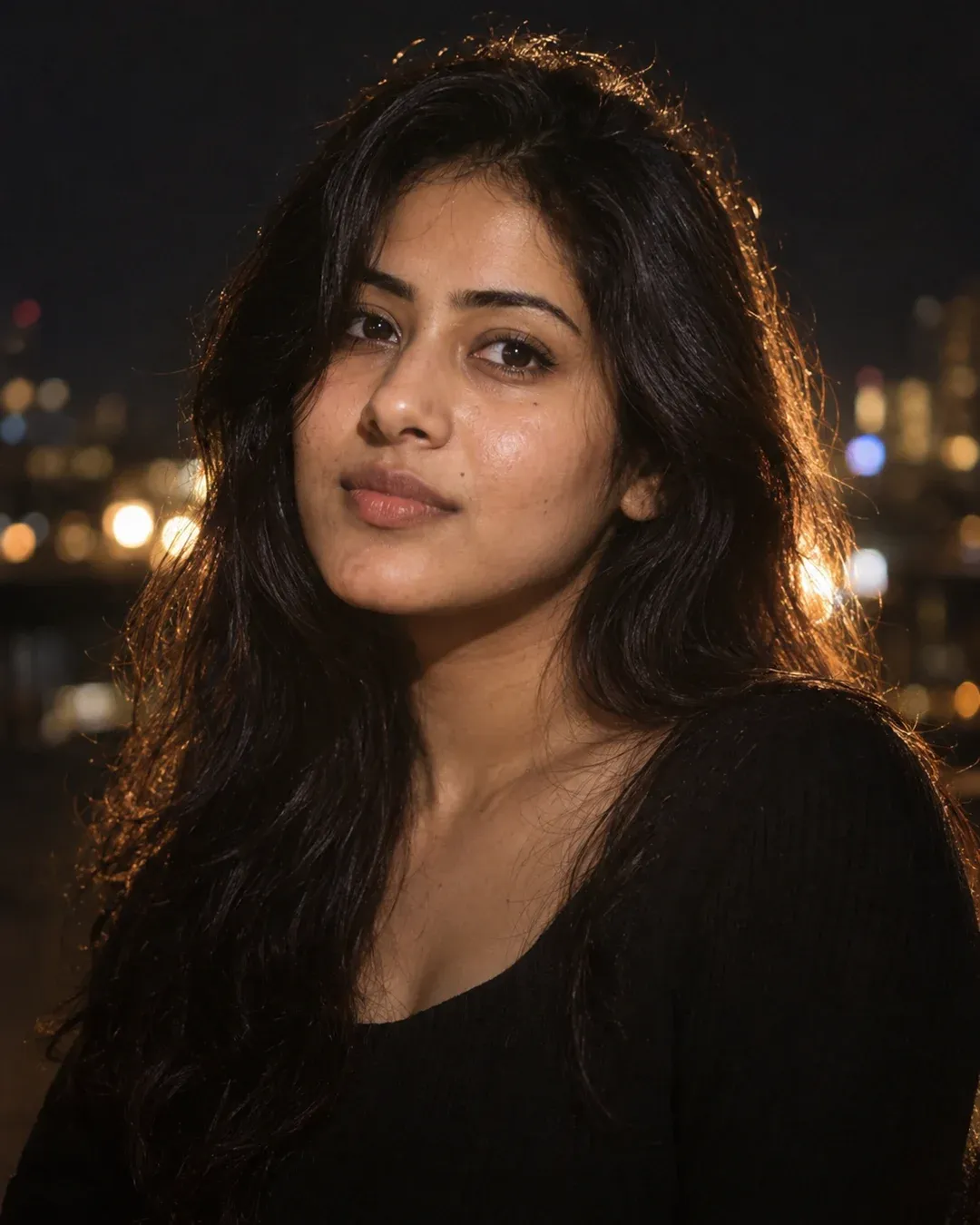 Example result: A close-up portrait with a glowing, softly overexposed light on the face against a dark, blurred night background.