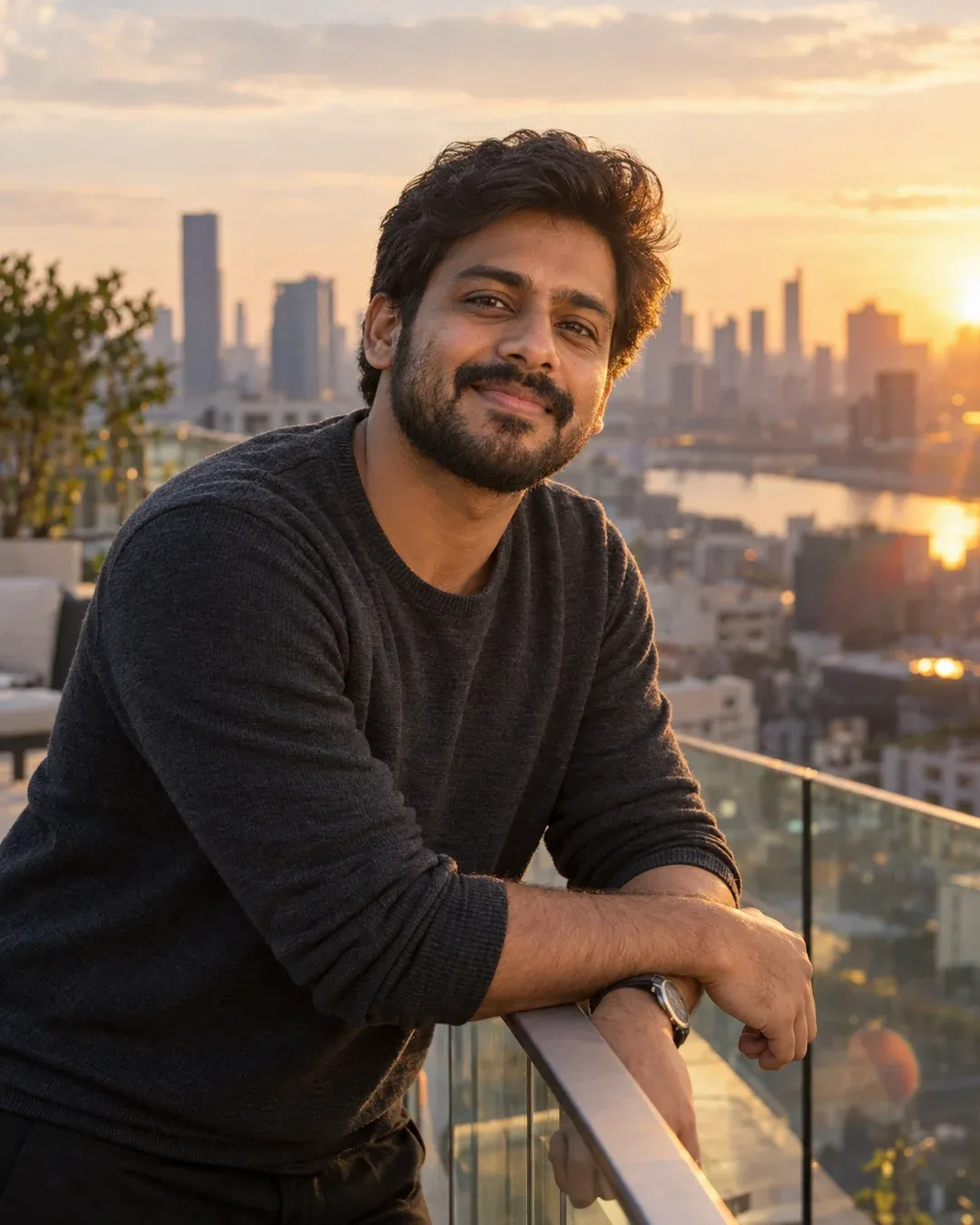 Example result: A young man leans on a glass railing on a city rooftop at golden hour, the skyline glowing behind him.