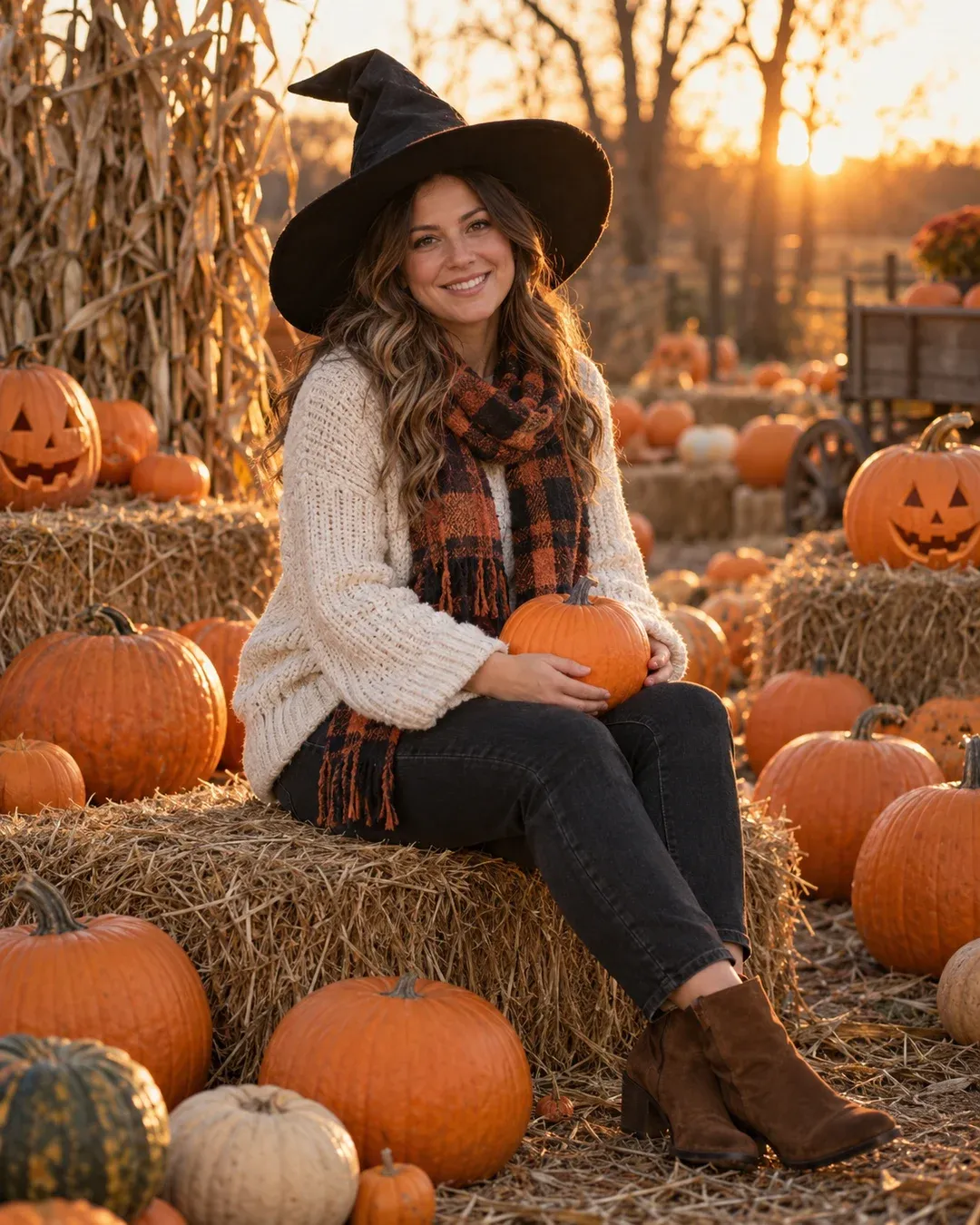 Example result: A person in a black witch hat and cozy knit sits among pumpkins and hay bales at golden hour.