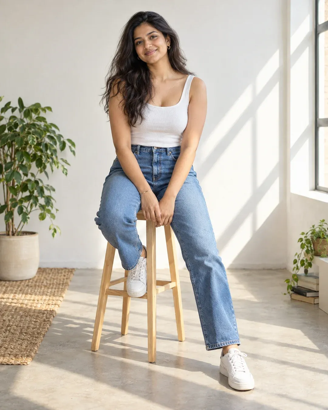 Example result: A young woman in high-waisted blue jeans and a white top sits on a wooden stool in a bright, minimal room.