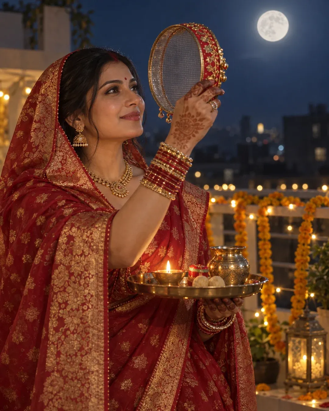 Example result: A woman in a red saree holds a decorated sieve up to the full moon on a terrace, a lit thali in her other hand.