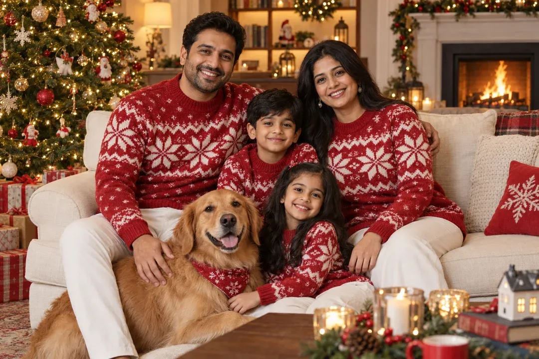 Example result: A family in matching red and white knit sweaters sits together on a cream sofa beside a Christmas tree.
