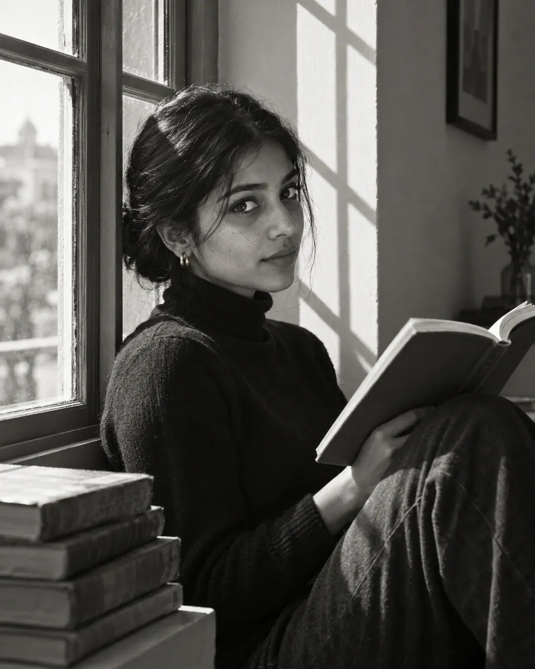 Example result: A young woman reads an open book by a window in black and white, hard window light falling across her face.