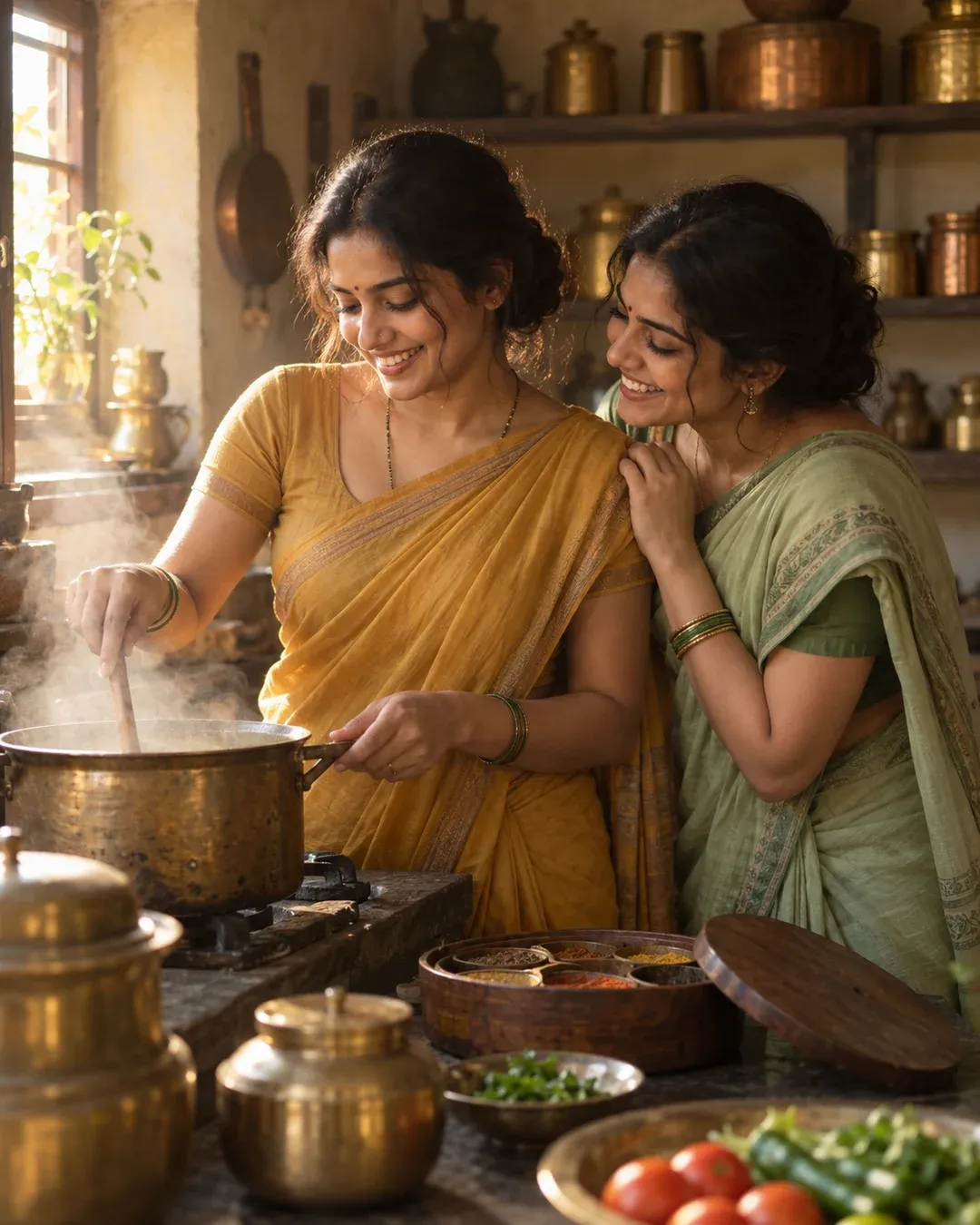 Example result: A mother and daughter in cotton sarees laugh together while cooking in a traditional kitchen lit by morning sun.