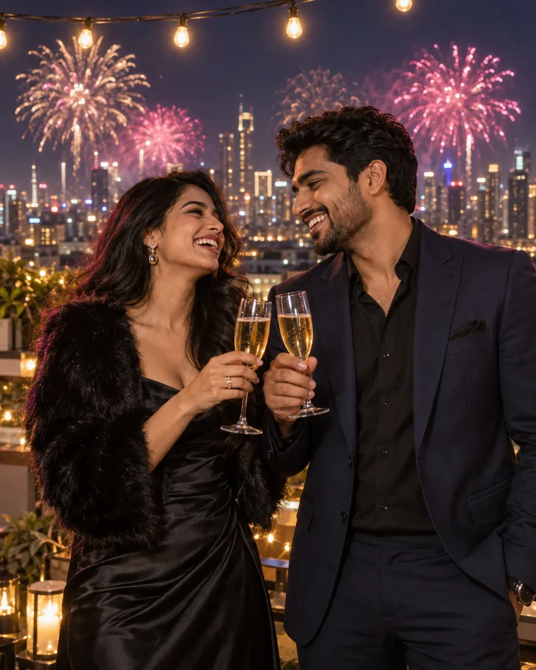 Example result: A couple in party outfits laughs on a city rooftop at midnight as golden fireworks burst in the sky behind them.