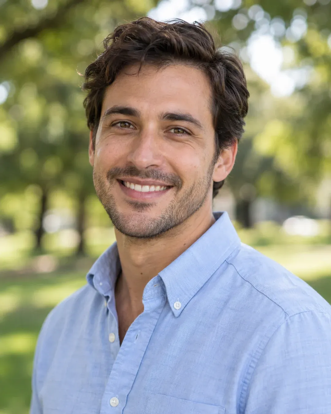 Example result: A friendly outdoor headshot in a light blue shirt, with soft green park bokeh behind.