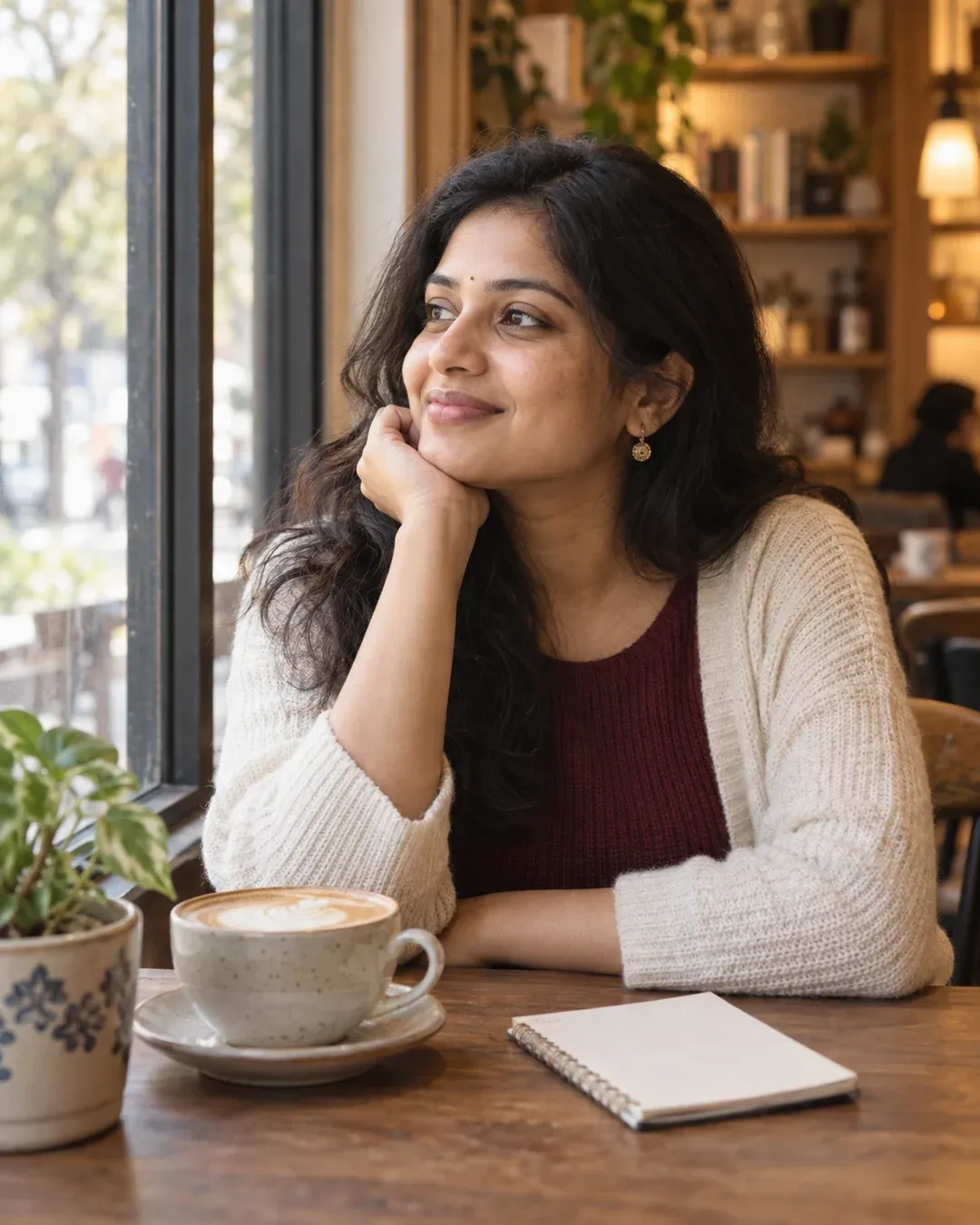 Example result: A young woman sits at a wooden café table by a large window, chin on her hand, with a coffee cup and plants around her.