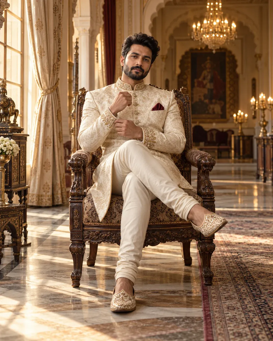Example result: A man in an ivory sherwani with gold embroidery sits in a carved armchair in a palace hall with warm light.