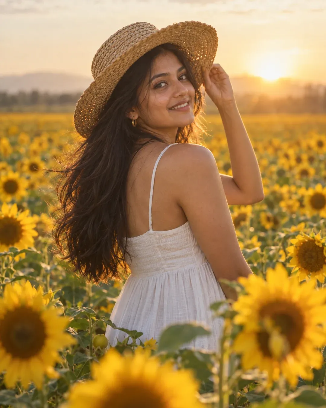 Example result: A young woman in a white linen dress and straw hat stands in a sunflower field at golden hour, backlit by the sun.