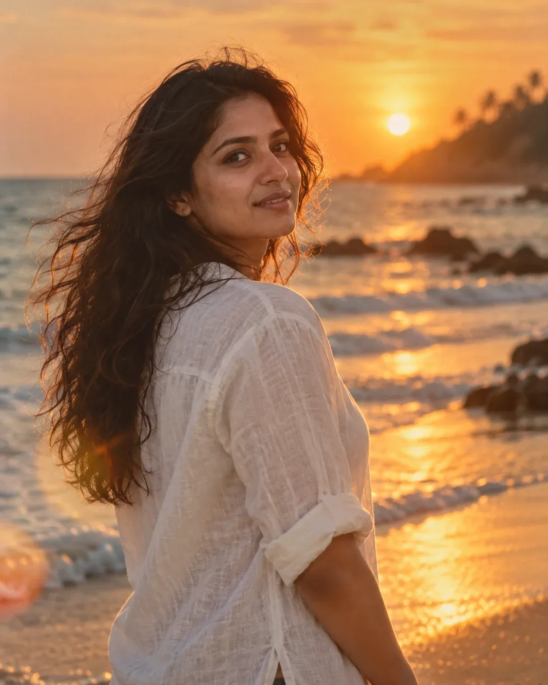 Example result: A person in a loose white shirt stands at the edge of the sea at sunset, backlit with a warm halo and lens flare.