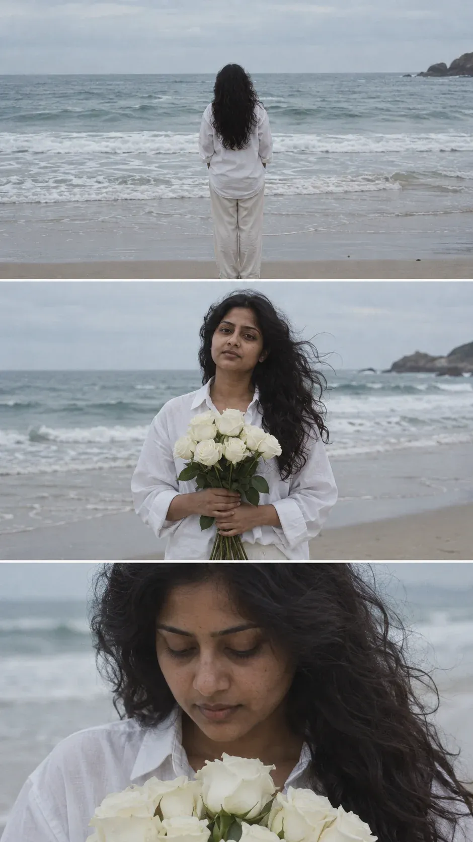 Example result: A vertical three-frame collage on a grey seashore: looking out to sea, holding white roses, and a close-up of the face.