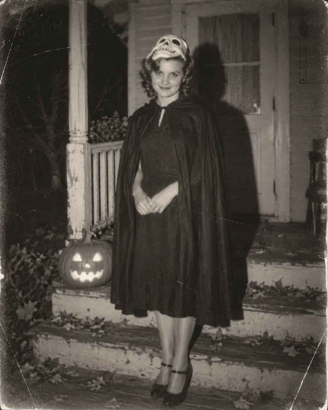 Example result: An eerie 1950s-style black and white Halloween snapshot of a person in a homemade costume on a porch at night.