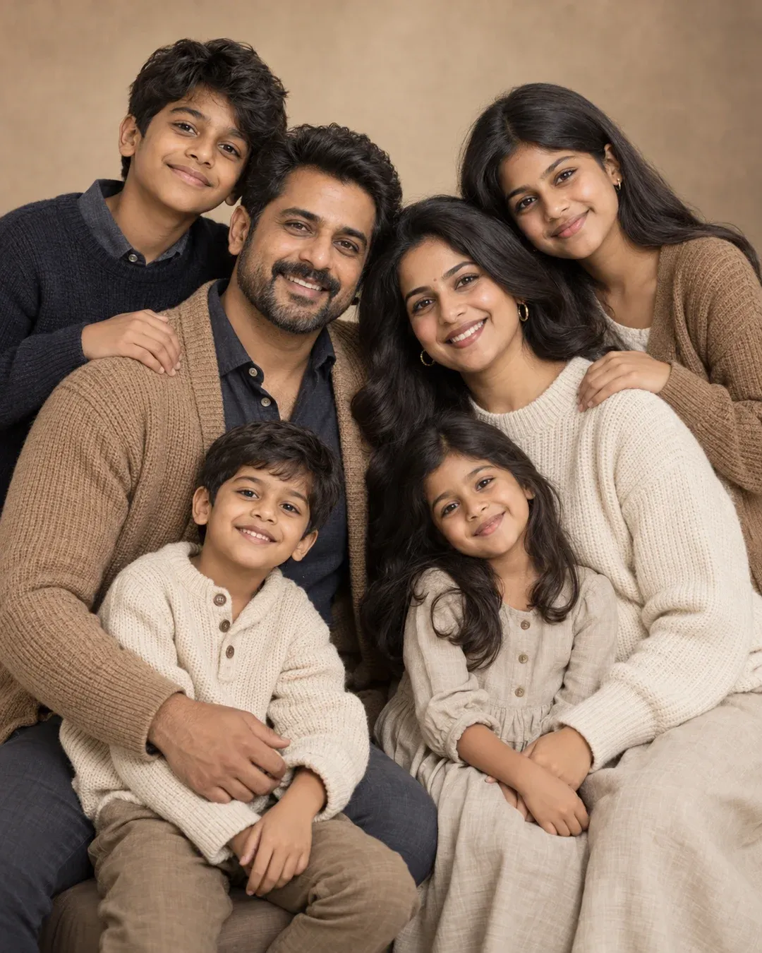 Example result: A family in cream and camel knitwear huddles close in a warm studio portrait, heads leaning together.
