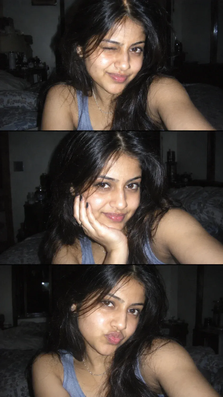 Example result: A vertical strip of three Y2K flash selfies: a wink, chin on hand and a playful pout, lit by harsh direct flash.